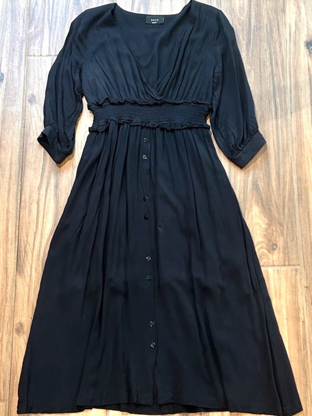 VICI Black Smocked Waist Midi Dress Puff Sleeve Cottagecore Boho Small